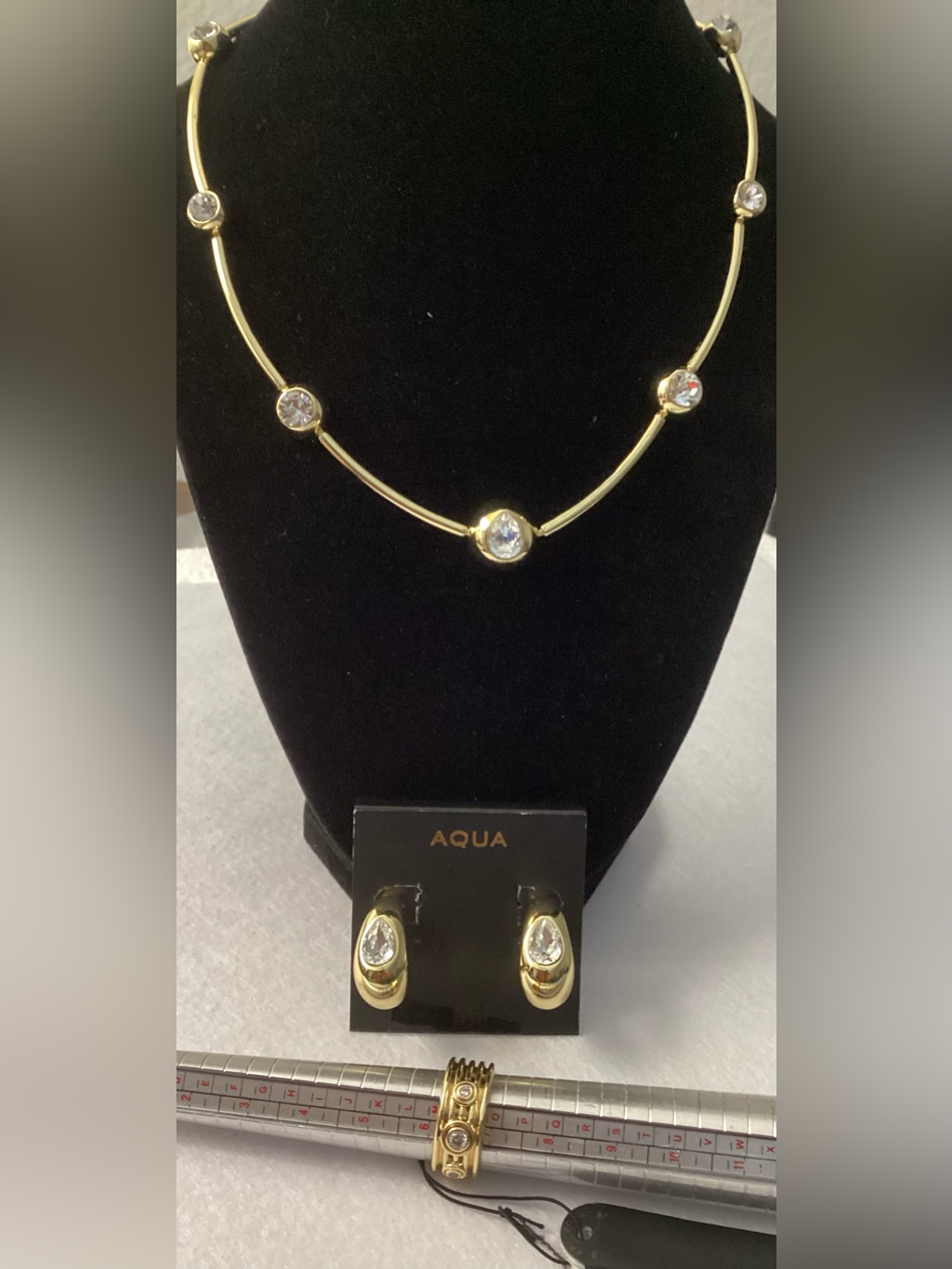 Aqua Gold Tone Necklace, Earring & Ring Set With Clear Stones